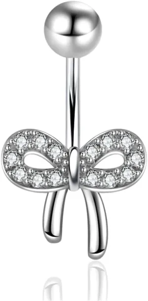 14G Rhinestone Bow Belly Button Rings for Women 316L Surgical Steel Bowknot Navel Piercing Barbell Ring Hypoallergenic Body Jewelry