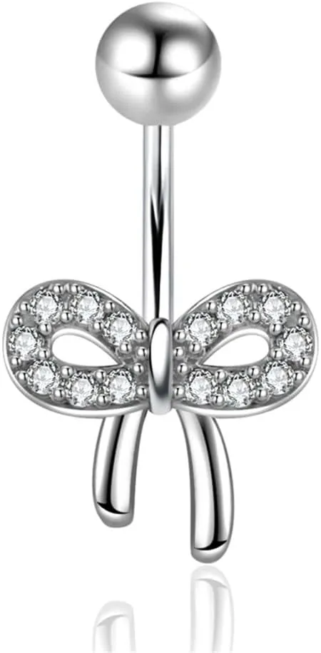 14G Rhinestone Bow Belly Button Rings for Women 316L Surgical Steel Bowknot Navel Piercing Barbell Ring Hypoallergenic Body Jewelry
