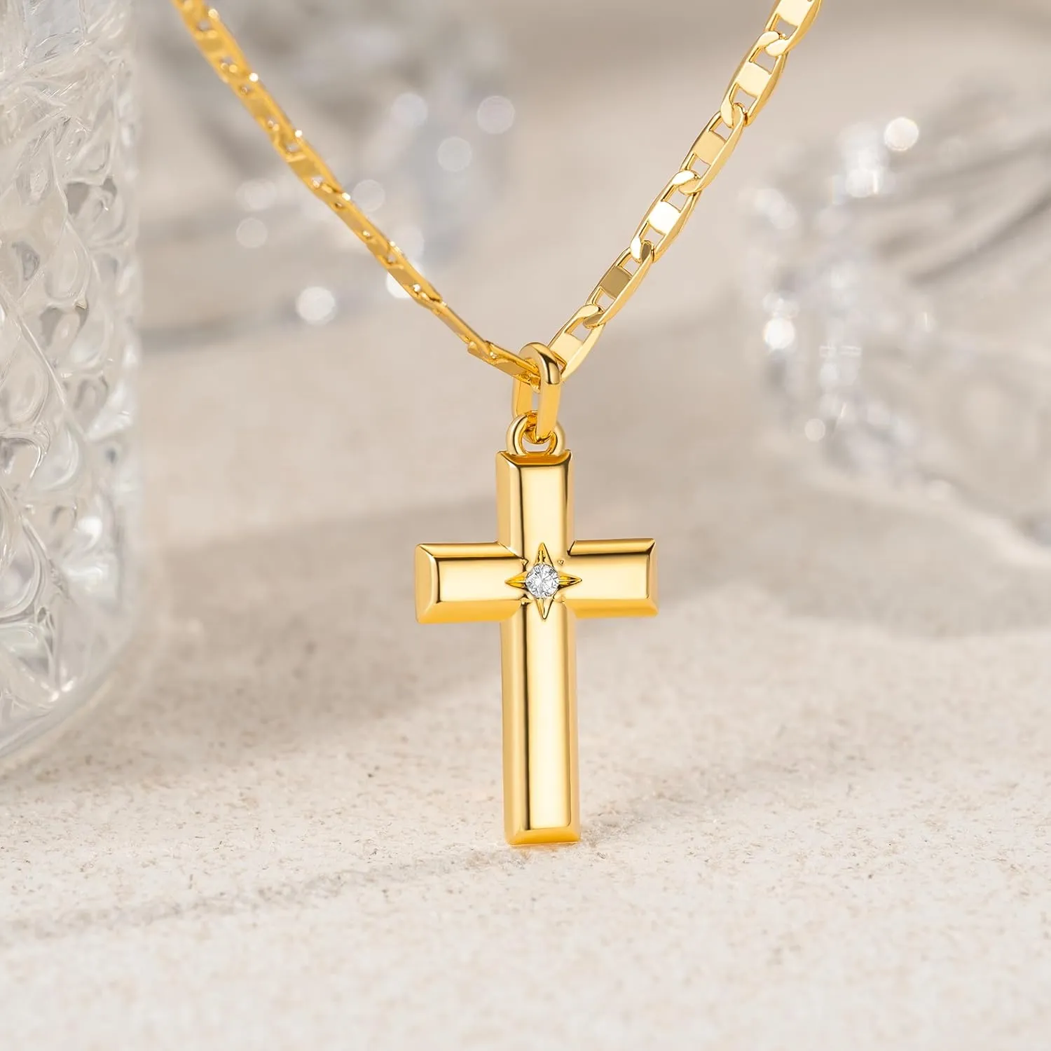 14k Gold Cross Necklace for Women Gold Crucifix Pendant Small Crucifix Necklaces 48cm Cross Chain with a CZ Stone 27mm*16mm