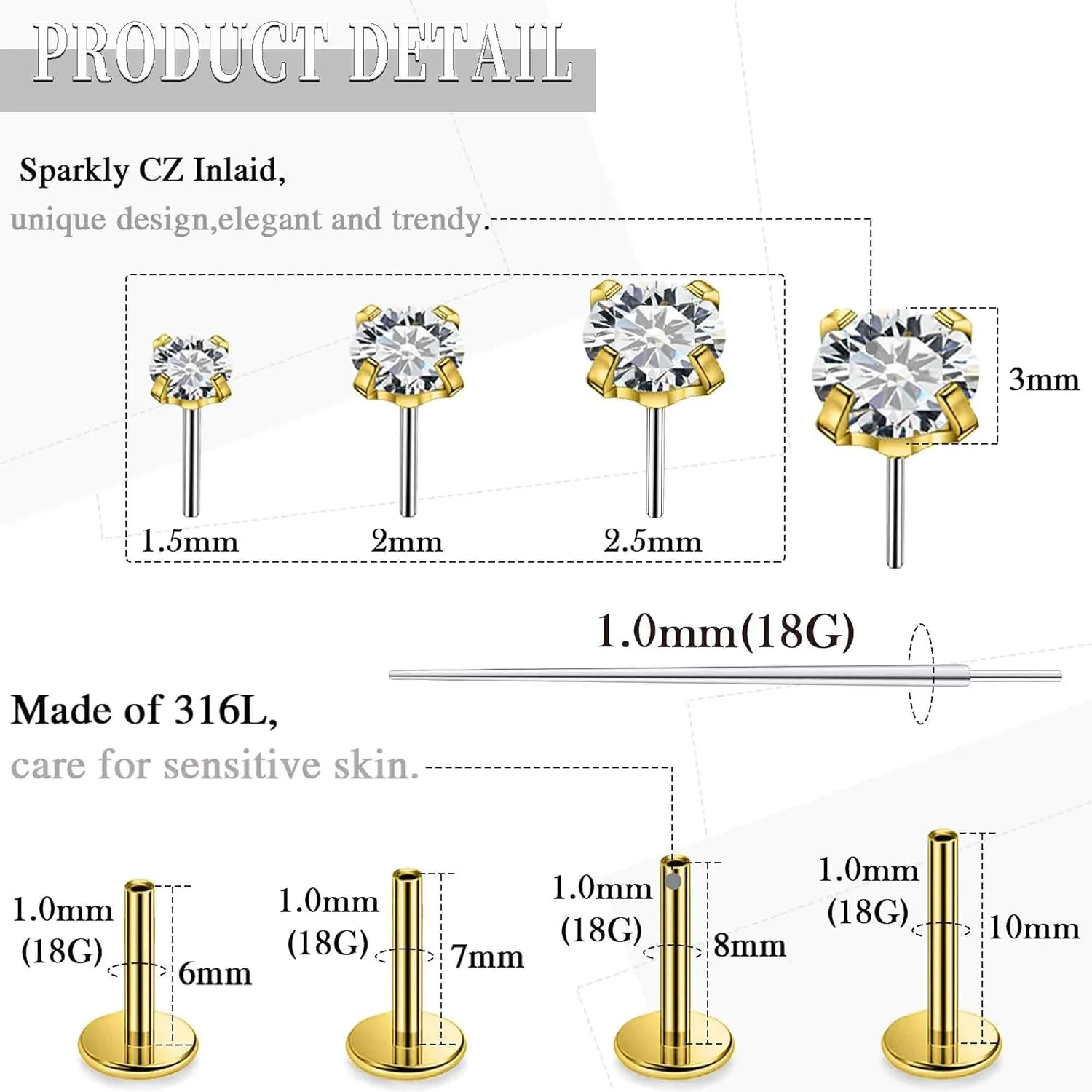 14K Gold Filled Threadless Nose Rings Studs Flat Back Earrings 20G 18G 16G 316L Surgical Stainless Steel Nose Rings Studs Tragus Helix Conch Cartilage Earrings Piercing Jewelry For Women Men