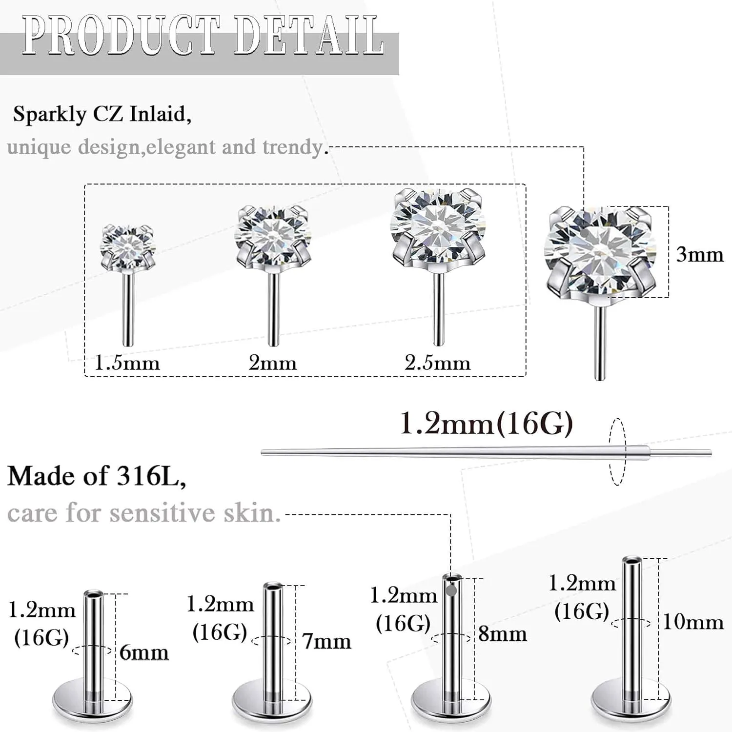 14K Gold Filled Threadless Nose Rings Studs Flat Back Earrings 20G 18G 16G 316L Surgical Stainless Steel Nose Rings Studs Tragus Helix Conch Cartilage Earrings Piercing Jewelry For Women Men