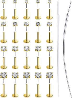 14K Gold Filled Threadless Nose Rings Studs Flat Back Earrings 20G 18G 16G 316L Surgical Stainless Steel Nose Rings Studs Tragus Helix Conch Cartilage Earrings Piercing Jewelry For Women Men