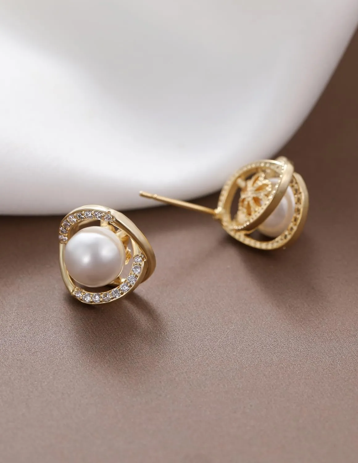 14K Gold Plated Pearl Rhinestone Stud Earrings for Women Jewelry