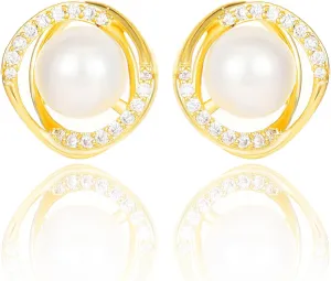 14K Gold Plated Pearl Rhinestone Stud Earrings for Women Jewelry