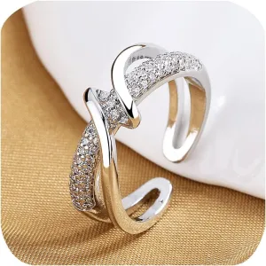 14K Gold Plated Simulated Diamond Cuff Band Ring Criss Cross Ring Intertwined Crossover Rings 925 Sterling Silver Stackable Cubic Zirconia Infinity Eternity Wedding Promise Band for Women Silver