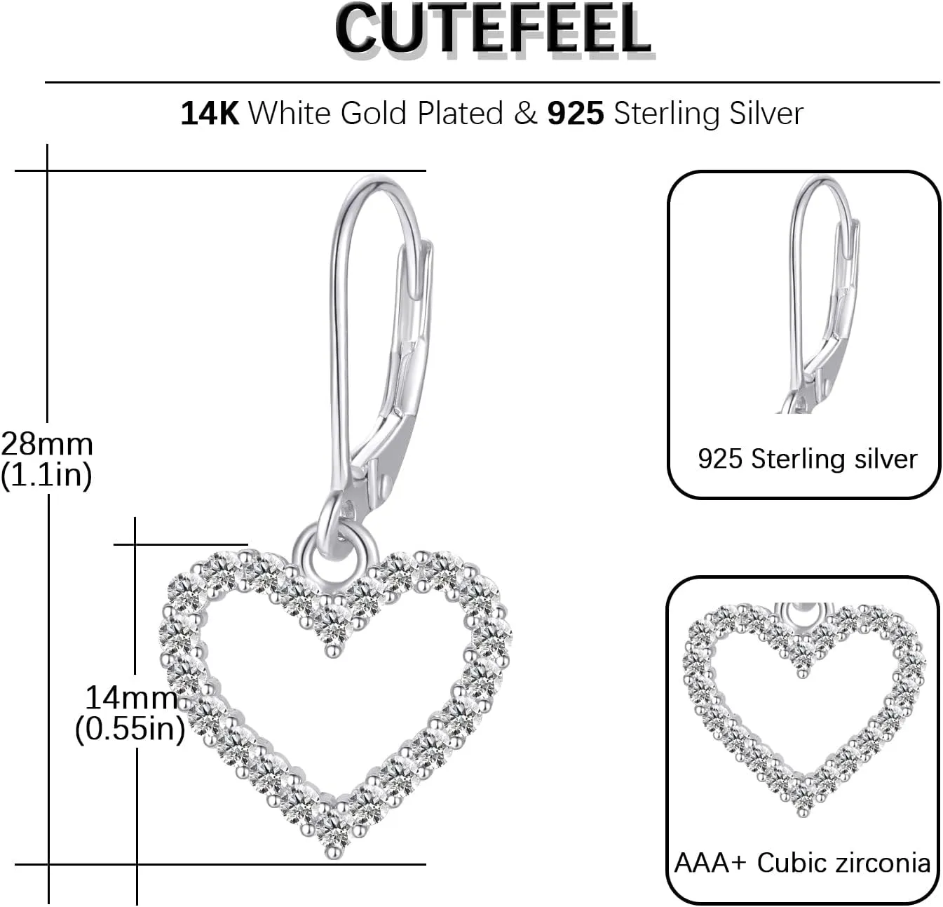 14K Gold Plated Sterling Silver Lever Back Heart Earrings for Women, Leverback CZ Heart Hoop Earrings Hypoallergenic Jewelry Gift