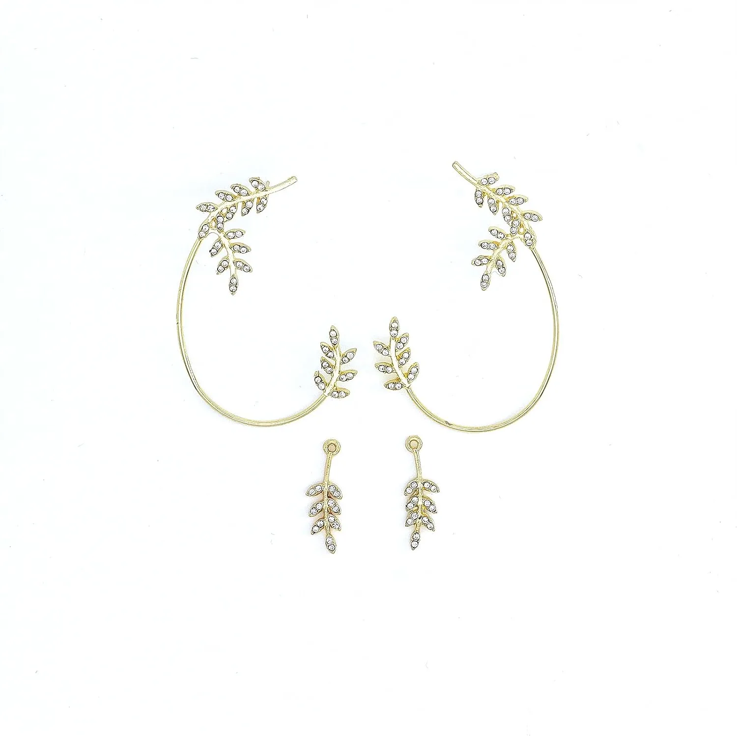 14K Gold Rhinestone Leaf Ear Cuffs Earrings for Women,Dainty Statement Warp Climber Jackets Earrings,Shining Wedding Prom Party Jewelry Gifts