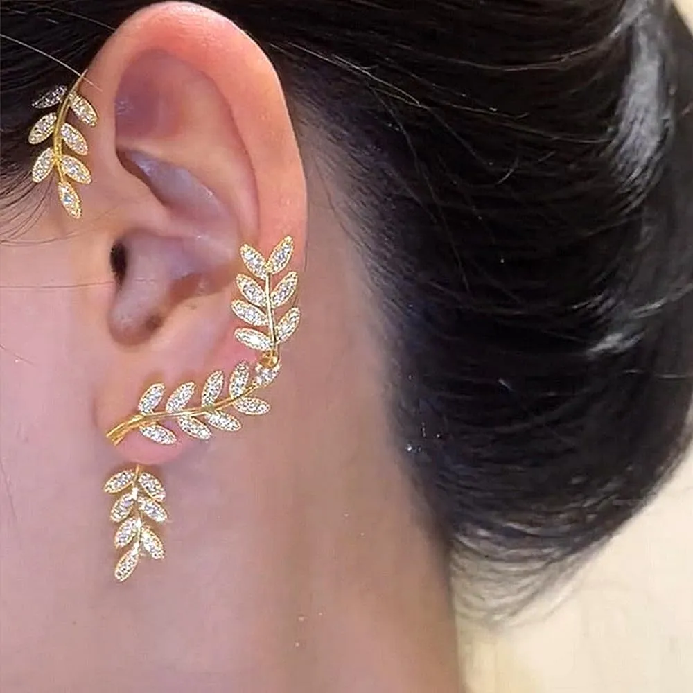 14K Gold Rhinestone Leaf Ear Cuffs Earrings for Women,Dainty Statement Warp Climber Jackets Earrings,Shining Wedding Prom Party Jewelry Gifts