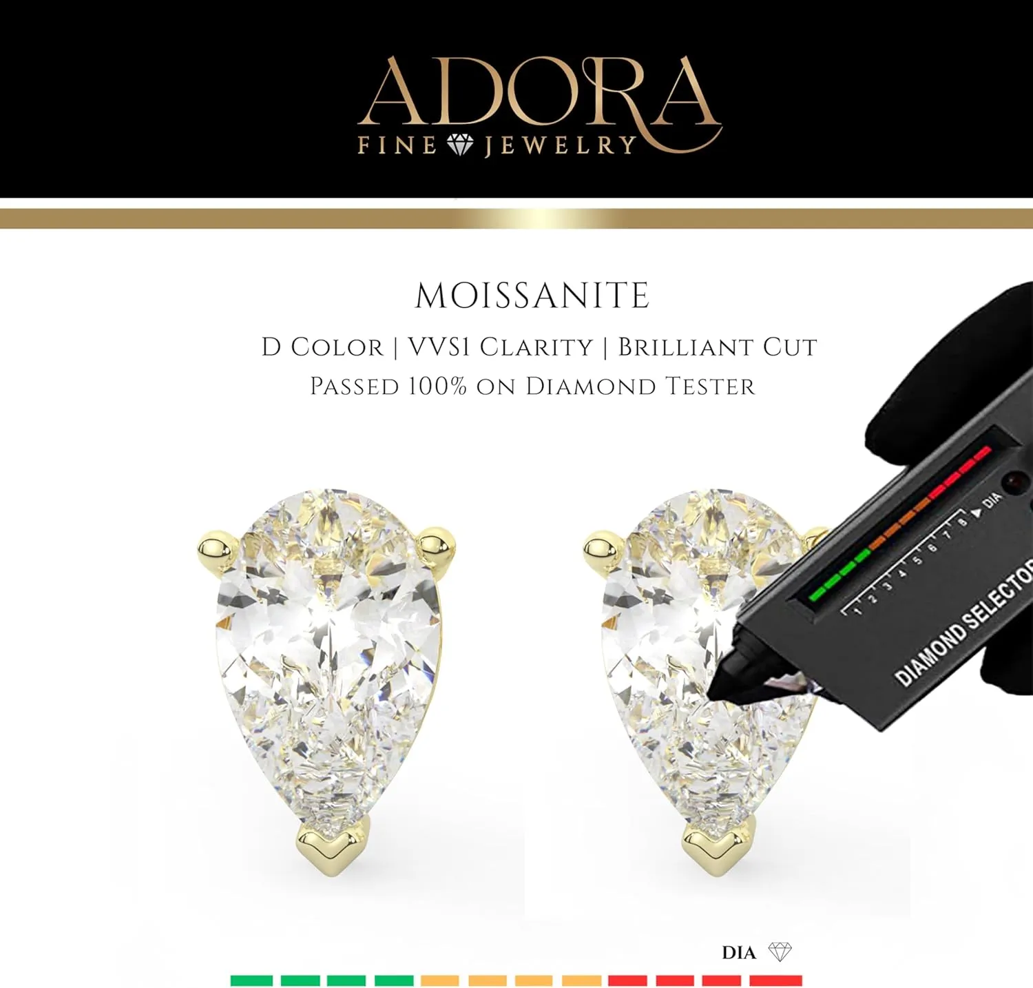 14K Solid Gold Lab Grown Moissanite Diamond Pear Shape Solitaire Stud Earrings | 1.0 to 2.0 CTW | Screw Back or Push Back Posts | Made in USA | By Adora Fine Jewelry