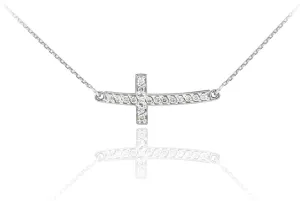 14k White Gold Diamond Sideways Cute Curved Cross Necklace