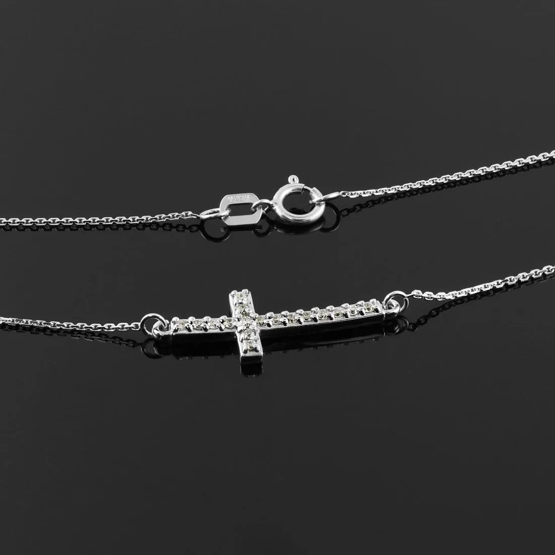 14k White Gold Diamond Sideways Cute Curved Cross Necklace