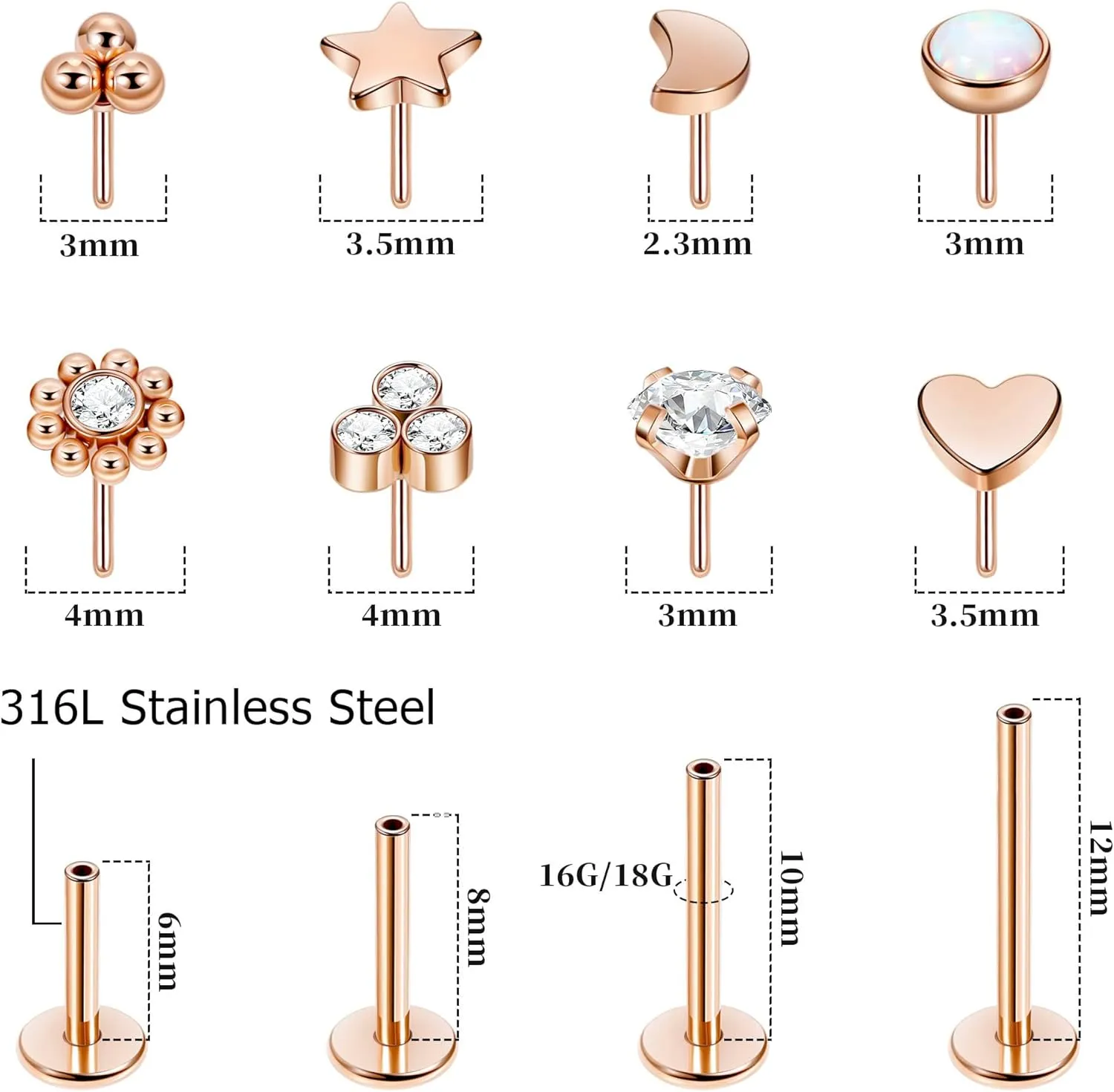 16G 18G 20G 316L Stainless Steel Threadless Push in Labret Monroe Studs Lip Rings for Women Men Flat Back Cartilage Earrings Helix Tragus Stud Earrings Conch Medusa Piercing Jewelry