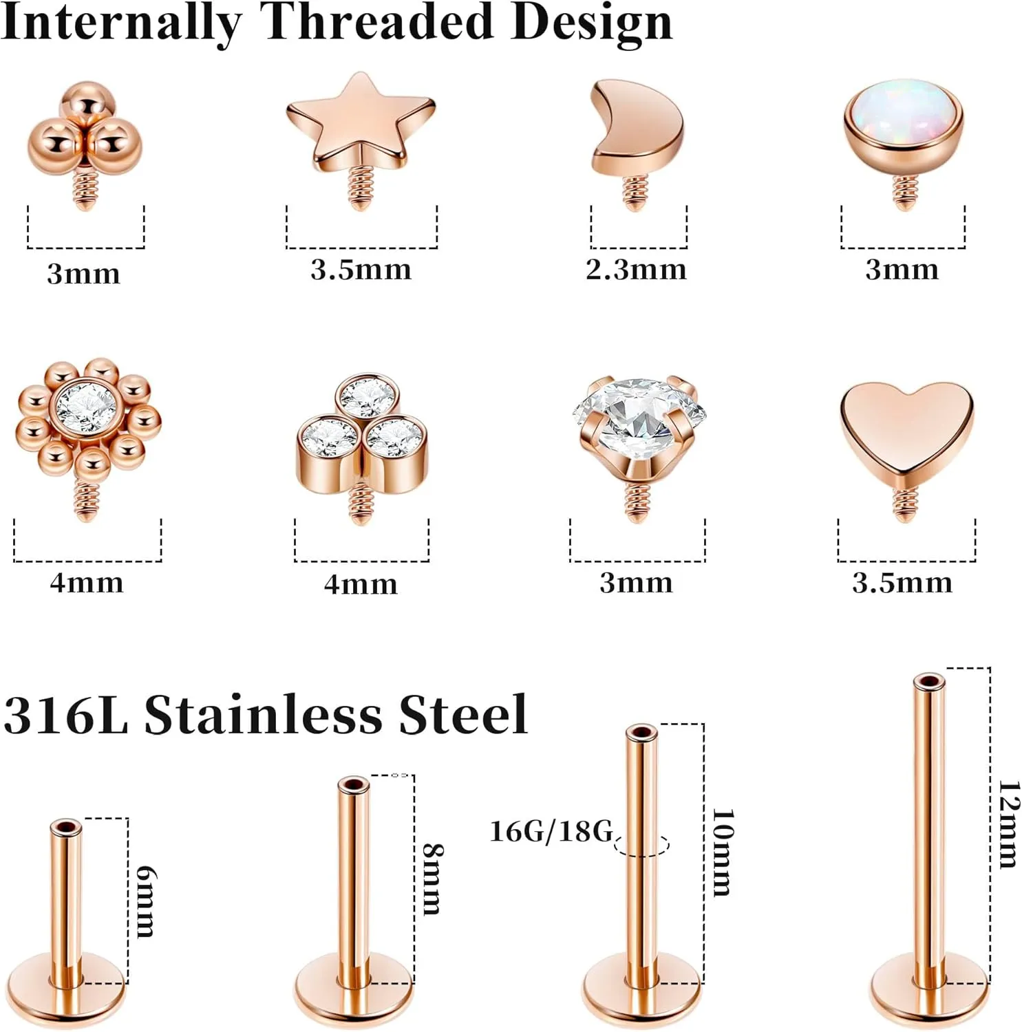 16G 18G 316L Stainless Steel Internally Threaded Labret Monroe Studs Lip Rings Stud for Women Men Flat Back Cartilage Tragus Earrings Studs Forward Helix Earrings Conch Medusa Piercing