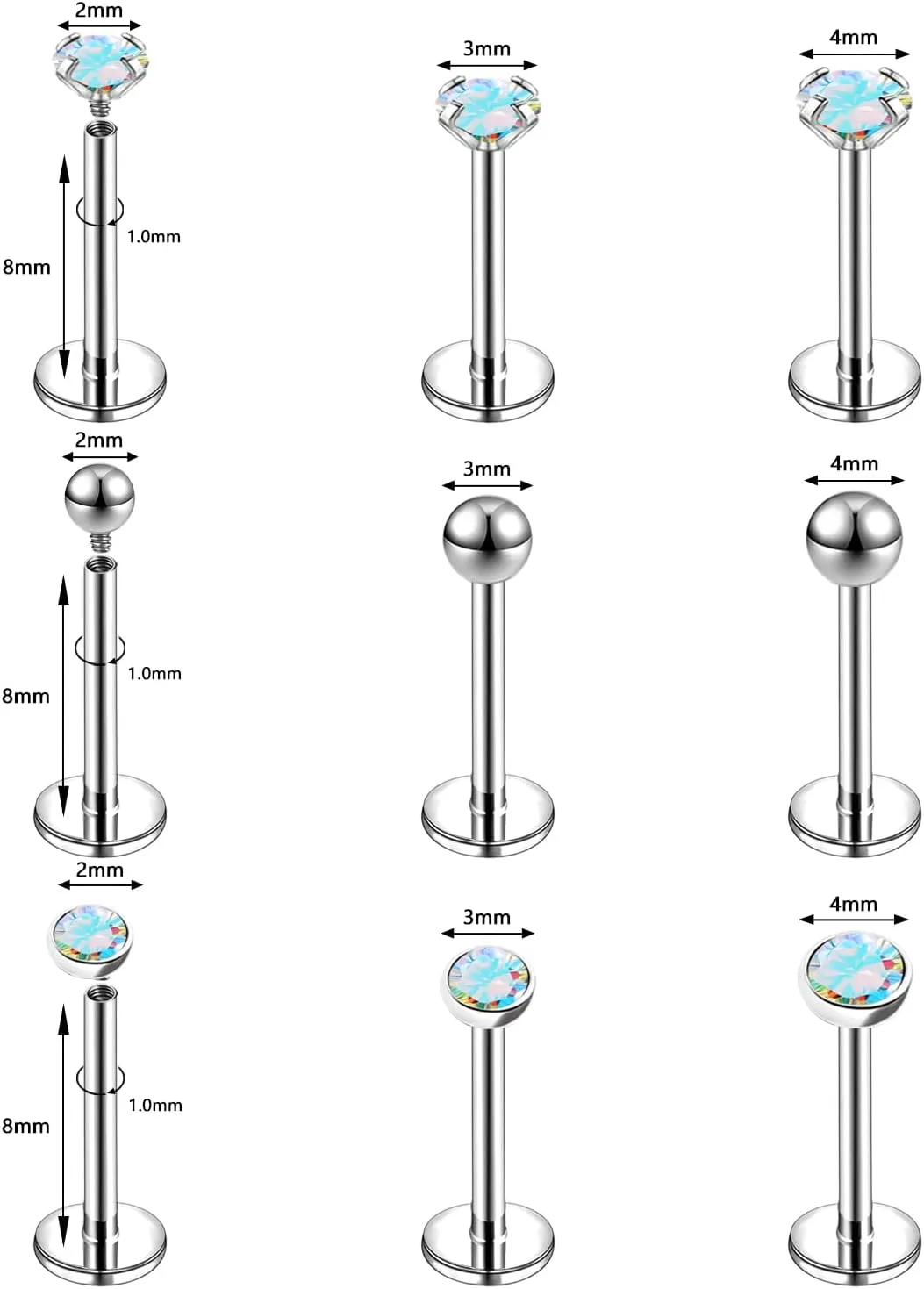 16g/18g Internal Thread CZ Stud Surgical Steel Piercing Jewelry for Tragus, Nose, Helix, Conch, Medusa, Lip, Labret - Cartilage Earring for Women Men 9pcs