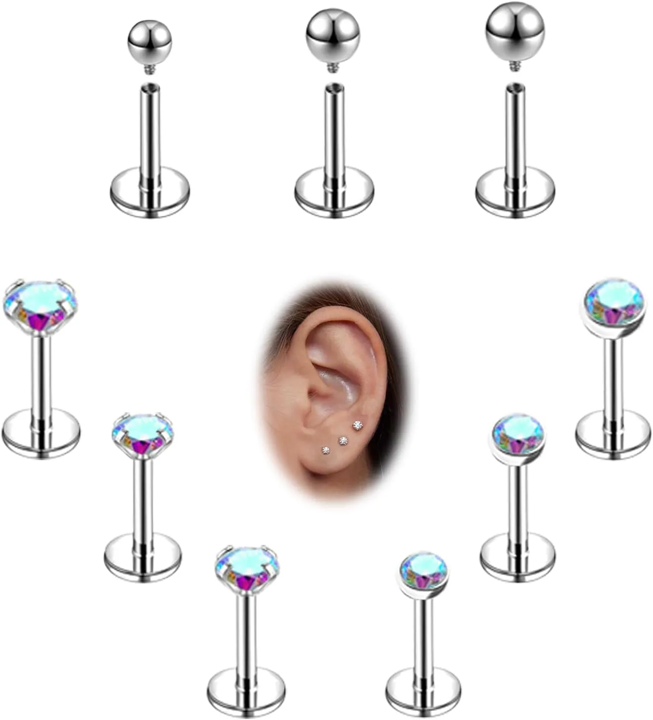 16g/18g Internal Thread CZ Stud Surgical Steel Piercing Jewelry for Tragus, Nose, Helix, Conch, Medusa, Lip, Labret - Cartilage Earring for Women Men 9pcs