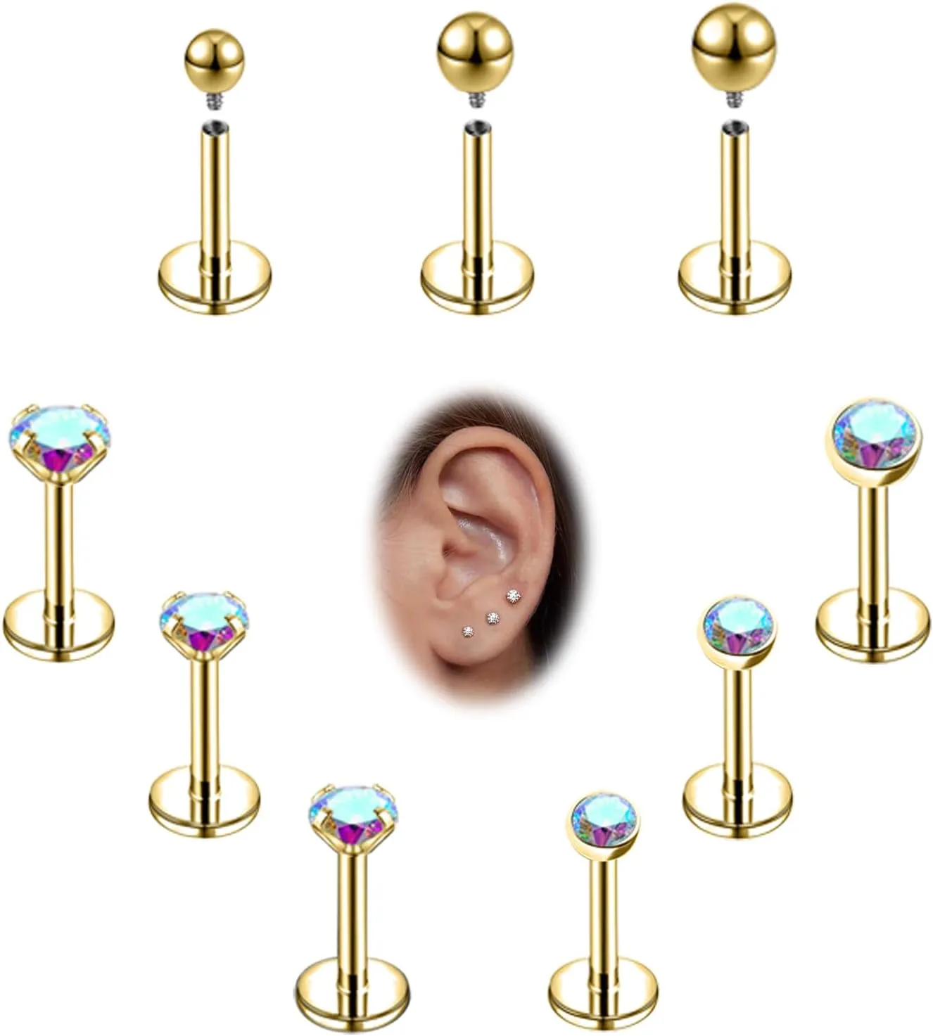 16g/18g Internal Thread CZ Stud Surgical Steel Piercing Jewelry for Tragus, Nose, Helix, Conch, Medusa, Lip, Labret - Cartilage Earring for Women Men 9pcs