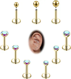 16g/18g Internal Thread CZ Stud Surgical Steel Piercing Jewelry for Tragus, Nose, Helix, Conch, Medusa, Lip, Labret - Cartilage Earring for Women Men 9pcs