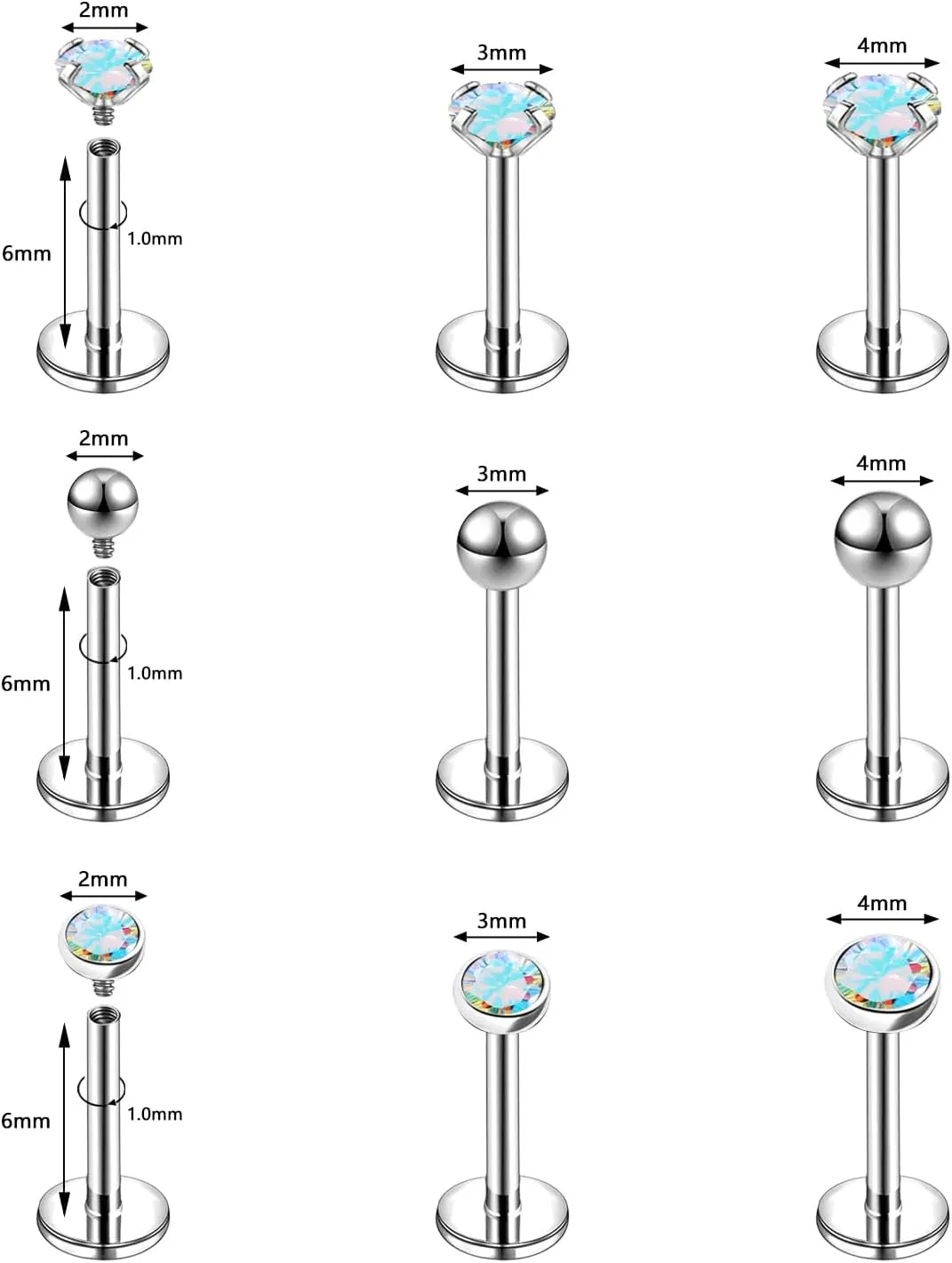 16g/18g Internal Thread CZ Stud Surgical Steel Piercing Jewelry for Tragus, Nose, Helix, Conch, Medusa, Lip, Labret - Cartilage Earring for Women Men 9pcs