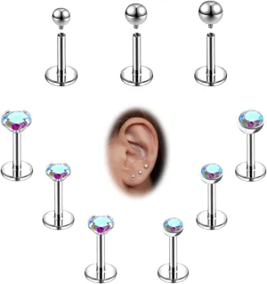 16g/18g Internal Thread CZ Stud Surgical Steel Piercing Jewelry for Tragus, Nose, Helix, Conch, Medusa, Lip, Labret - Cartilage Earring for Women Men 9pcs