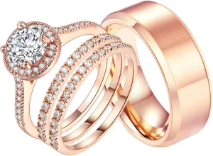 1.7Ct Cz 18k Rose Gold Filled Wedding Ring Sets for Him and Her Women Men Titanium Stainless Steel Bands Couple Rings