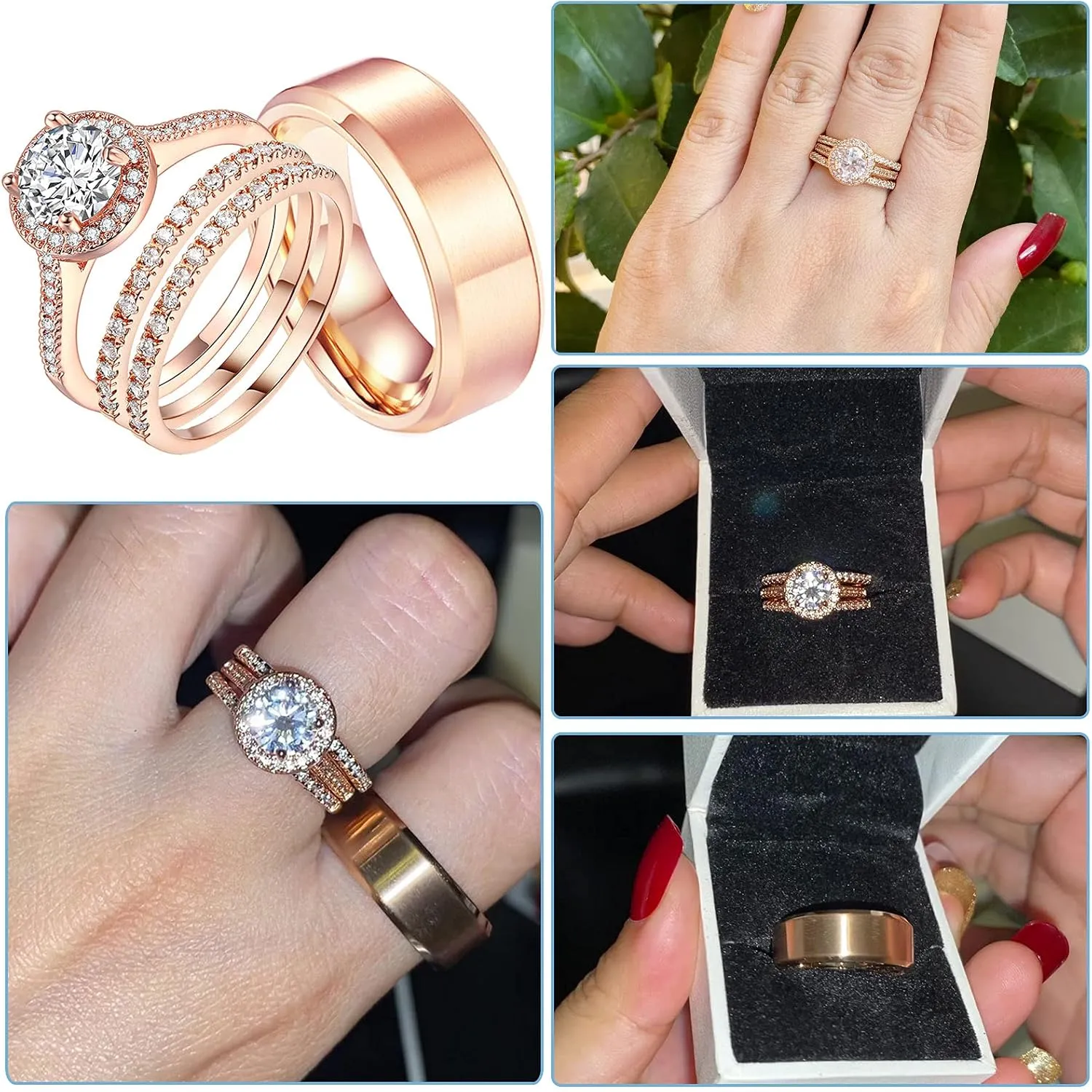 1.7Ct Cz 18k Rose Gold Filled Wedding Ring Sets for Him and Her Women Men Titanium Stainless Steel Bands Couple Rings