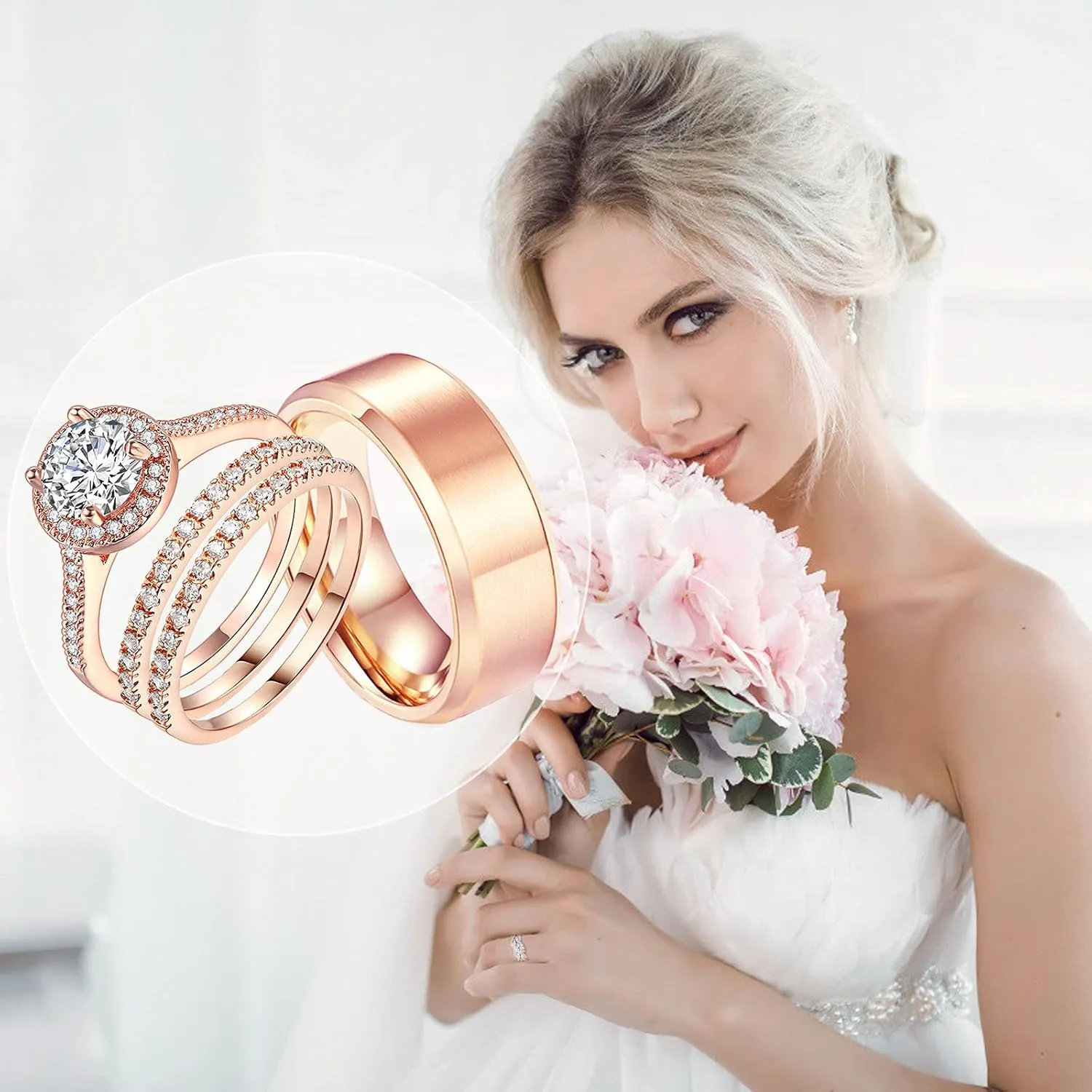 1.7Ct Cz 18k Rose Gold Filled Wedding Ring Sets for Him and Her Women Men Titanium Stainless Steel Bands Couple Rings