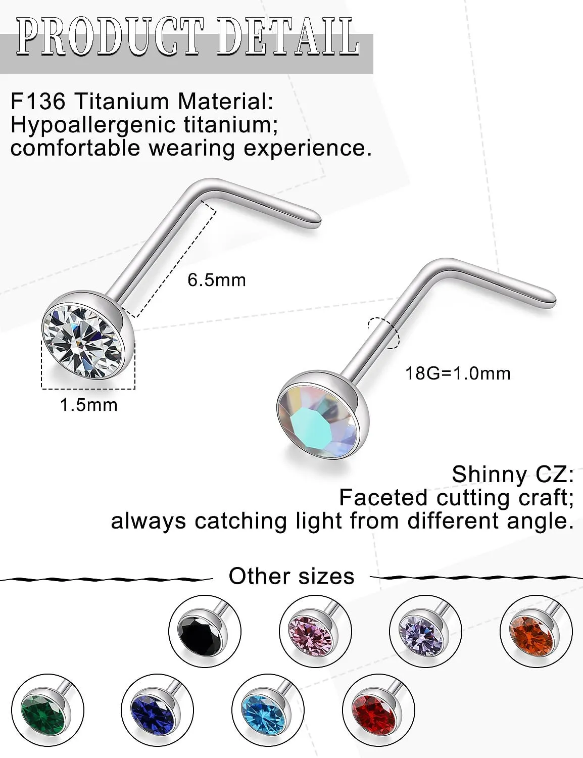 18G 20G 22G Astm F136 Titanium Nose Rings Studs Piercing Jewelry for Women Men Cubic Zirconia Nose Rings Nostril Piercing Jewelry Diamond Clear CZ 1.5mm 2mm 2.5mm 3mm 10PCS
