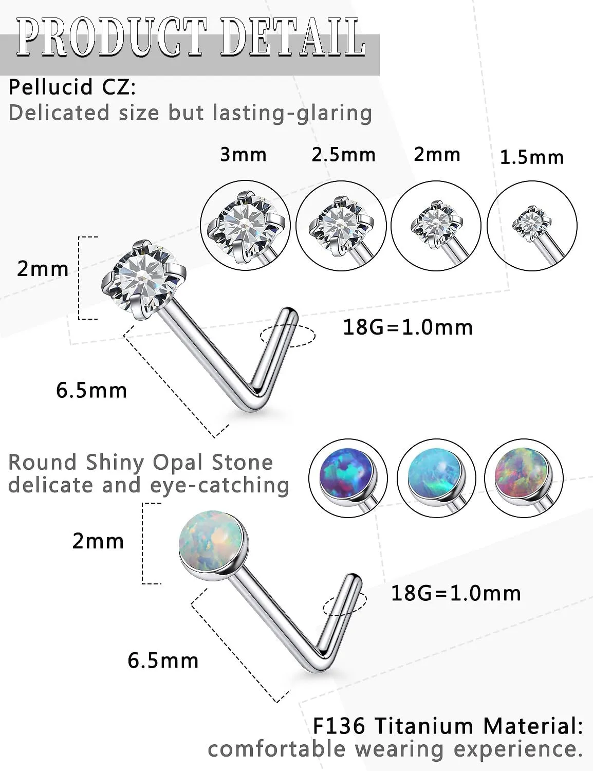 18G 20G 22G Astm F136 Titanium Nose Rings Studs Piercing Jewelry for Women Men Round Cubic Zirconia Nose Rings Opal Nostril Ring Piercing Jewelry For Women Men 1.5mm 2mm 2.5mm 3mm 8PCS