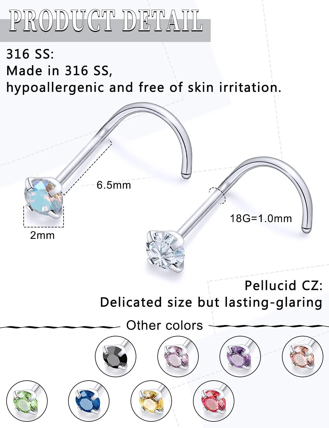 18G 20G 22G Surgical Steel Cubic Zirconia Nose Rings Studs for Women Men Nose Piercing Jewelry Top Diamond 1.5mm 2mm