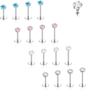 18G/16G Surgical Steel Internal Thread CZ Stud Piercing Jewelry for Tragus/Nose/Helix/Conch/Medusa/Lip/Labret - Helix Tragus Cartilage Earring for Women Men 16Pcs