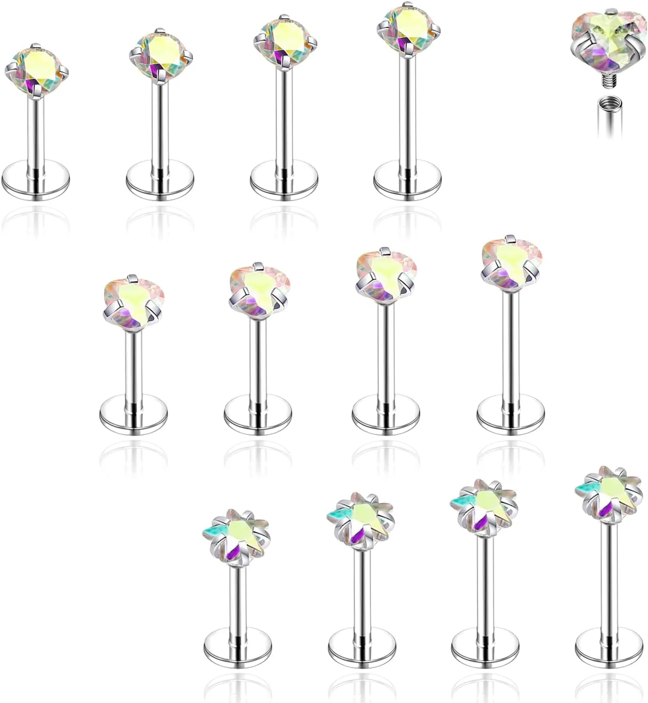 18G/16G Surgical Steel Internal Thread CZ Stud Piercing Jewelry for Tragus/Nose/Helix/Conch/Medusa/Lip/Labret - Helix Tragus Cartilage Earring for Women Men 16Pcs