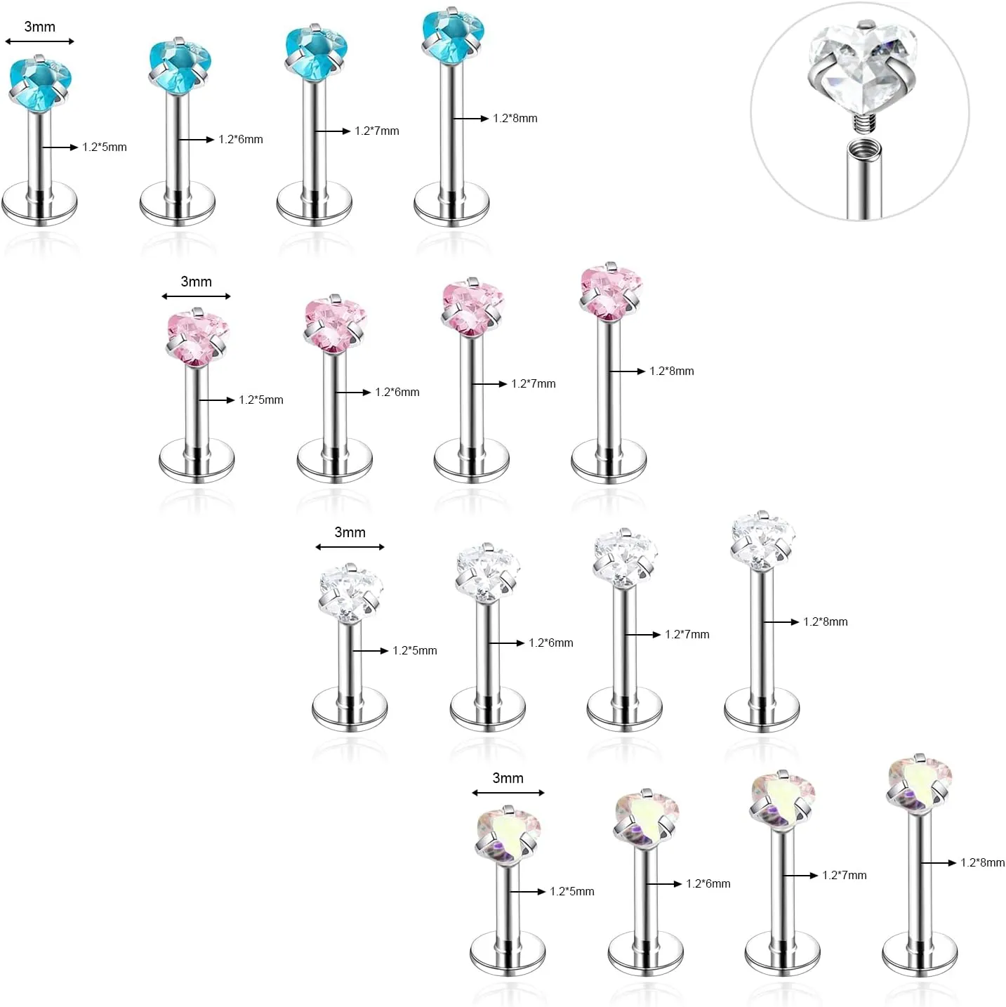 18G/16G Surgical Steel Internal Thread CZ Stud Piercing Jewelry for Tragus/Nose/Helix/Conch/Medusa/Lip/Labret - Helix Tragus Cartilage Earring for Women Men 16Pcs