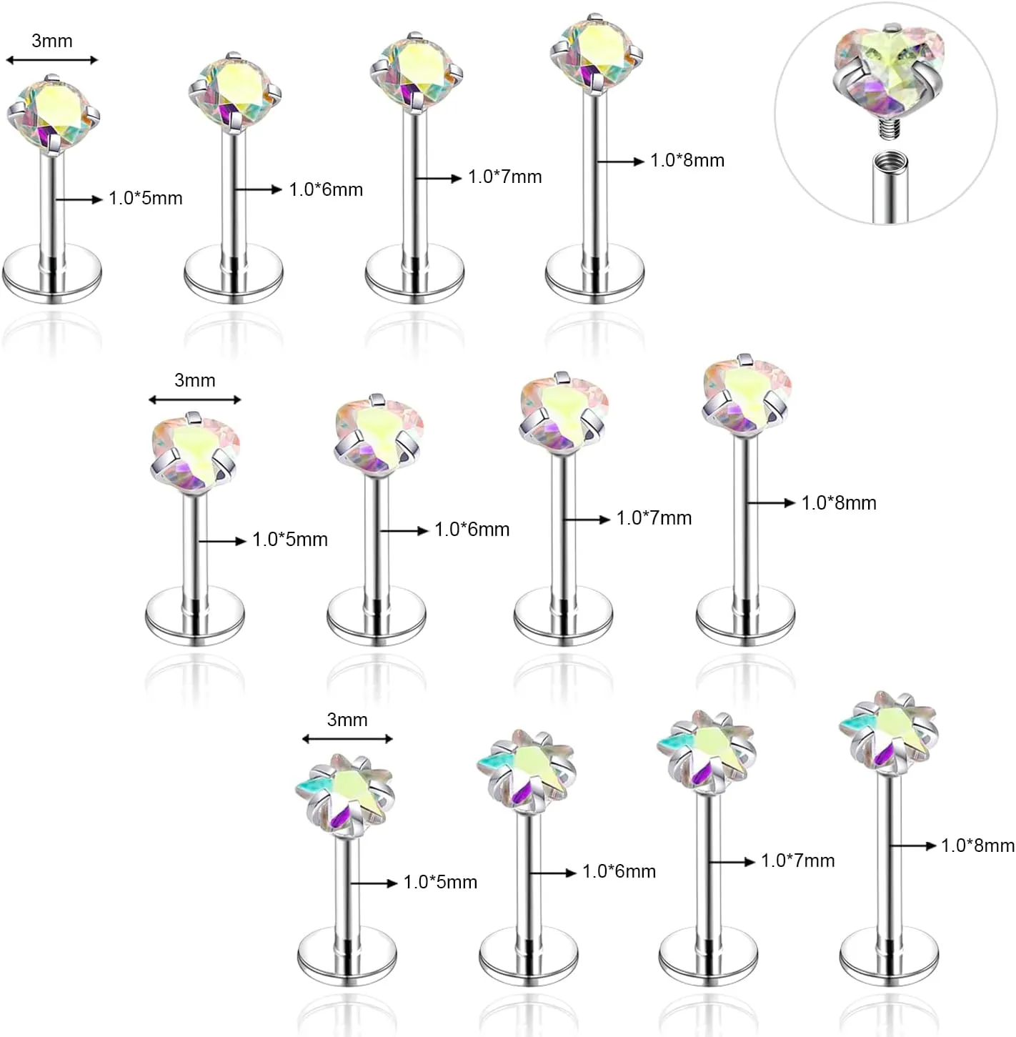 18G/16G Surgical Steel Internal Thread CZ Stud Piercing Jewelry for Tragus/Nose/Helix/Conch/Medusa/Lip/Labret - Helix Tragus Cartilage Earring for Women Men 16Pcs
