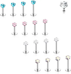 18G/16G Surgical Steel Internal Thread CZ Stud Piercing Jewelry for Tragus/Nose/Helix/Conch/Medusa/Lip/Labret - Helix Tragus Cartilage Earring for Women Men 16Pcs