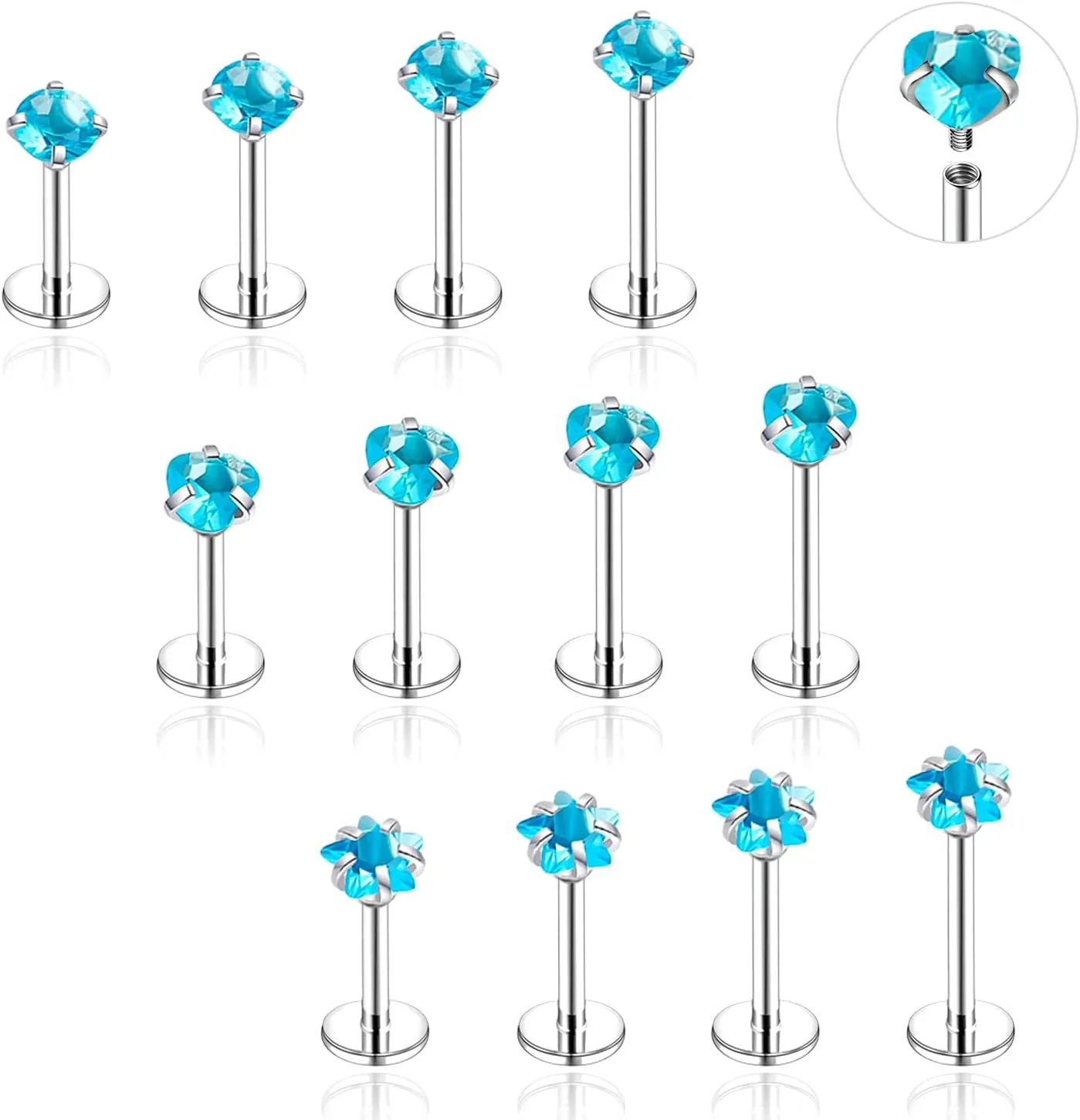 18G/16G Surgical Steel Internal Thread CZ Stud Piercing Jewelry for Tragus/Nose/Helix/Conch/Medusa/Lip/Labret - Helix Tragus Cartilage Earring for Women Men 16Pcs