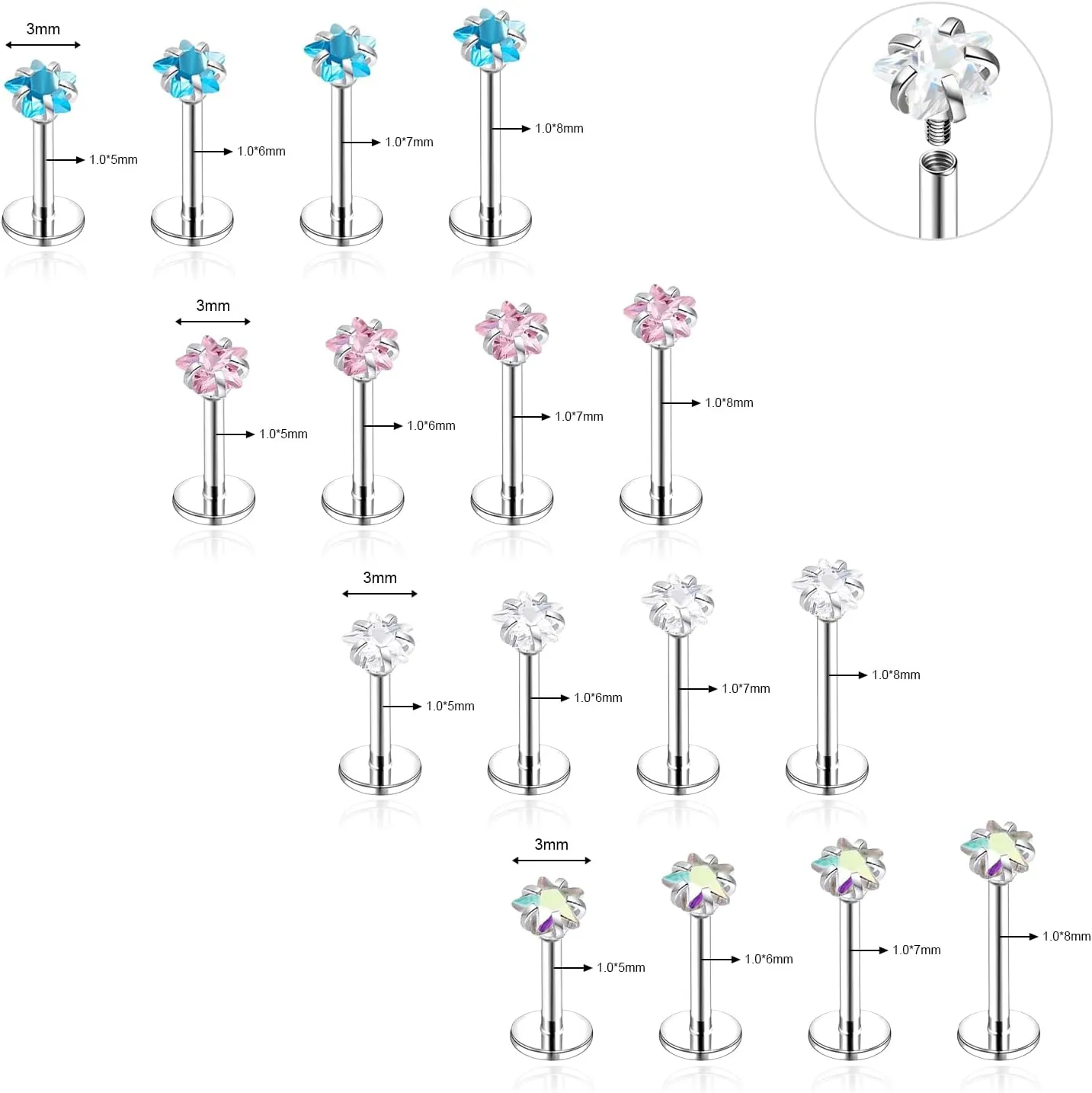 18G/16G Surgical Steel Internal Thread CZ Stud Piercing Jewelry for Tragus/Nose/Helix/Conch/Medusa/Lip/Labret - Helix Tragus Cartilage Earring for Women Men 16Pcs