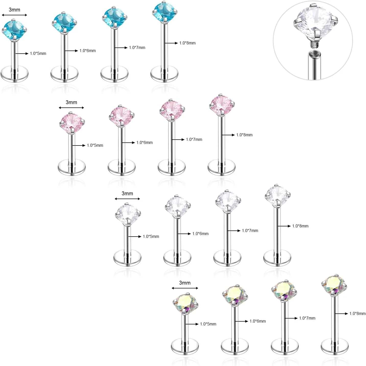18G/16G Surgical Steel Internal Thread CZ Stud Piercing Jewelry for Tragus/Nose/Helix/Conch/Medusa/Lip/Labret - Helix Tragus Cartilage Earring for Women Men 16Pcs