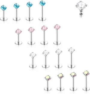 18G/16G Surgical Steel Internal Thread CZ Stud Piercing Jewelry for Tragus/Nose/Helix/Conch/Medusa/Lip/Labret - Helix Tragus Cartilage Earring for Women Men 16Pcs