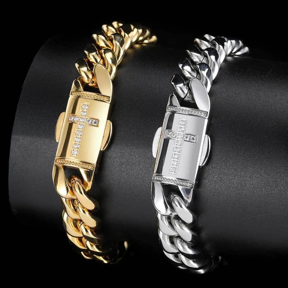 18K Gold Bracelet Cuban Chain 18K Gold Hip Hop Miami Pure Cuban Chain Men's bracelet Mosan Diamond Cross buckle Gift for men and women