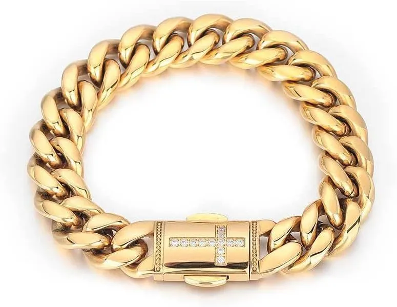 18K Gold Bracelet Cuban Chain 18K Gold Hip Hop Miami Pure Cuban Chain Men's bracelet Mosan Diamond Cross buckle Gift for men and women