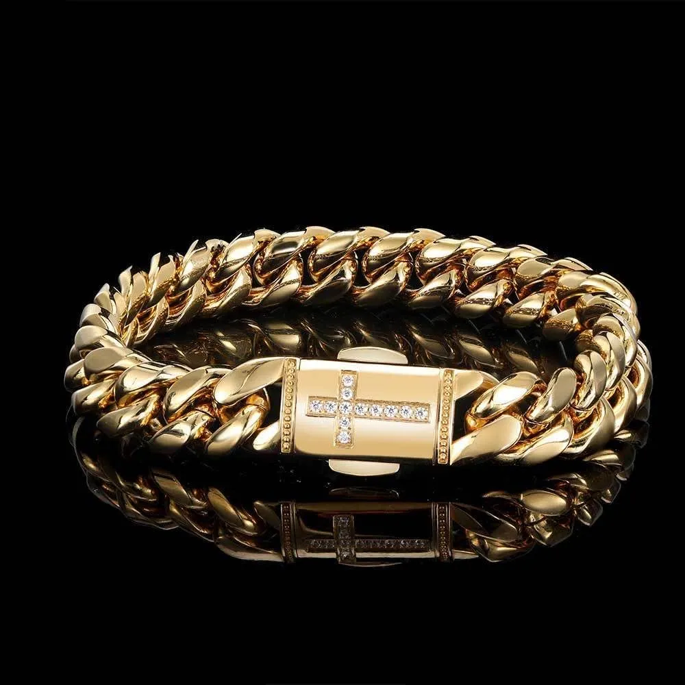 18K Gold Bracelet Cuban Chain 18K Gold Hip Hop Miami Pure Cuban Chain Men's bracelet Mosan Diamond Cross buckle Gift for men and women