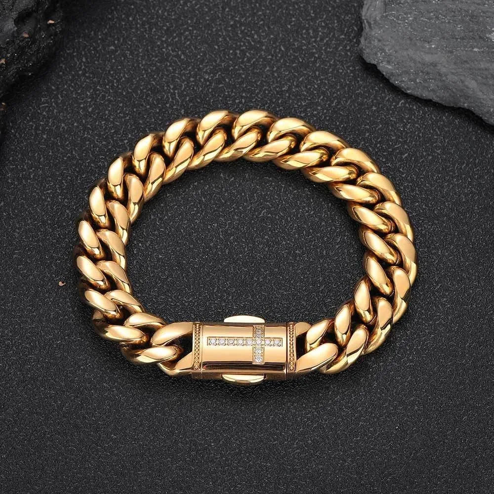 18K Gold Bracelet Cuban Chain 18K Gold Hip Hop Miami Pure Cuban Chain Men's bracelet Mosan Diamond Cross buckle Gift for men and women