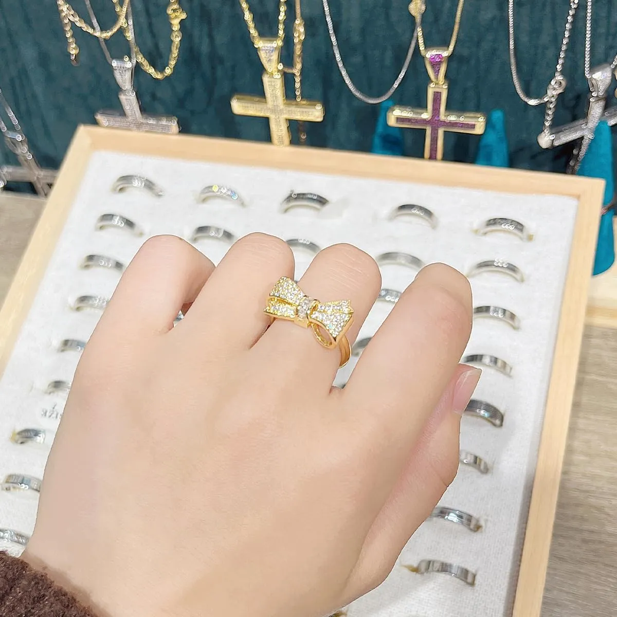 18K Gold Plated Bow Ring for Women Cubic Zirconia Bow Tie Adjustable Open Ring Statement Jewelry