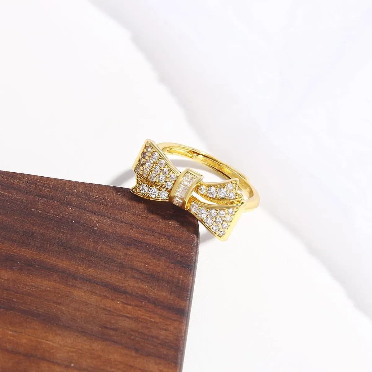 18K Gold Plated Bow Ring for Women Cubic Zirconia Bow Tie Adjustable Open Ring Statement Jewelry