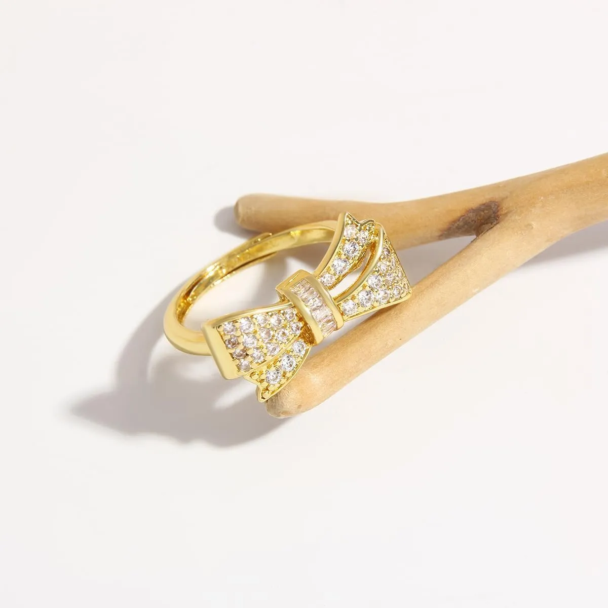 18K Gold Plated Bow Ring for Women Cubic Zirconia Bow Tie Adjustable Open Ring Statement Jewelry