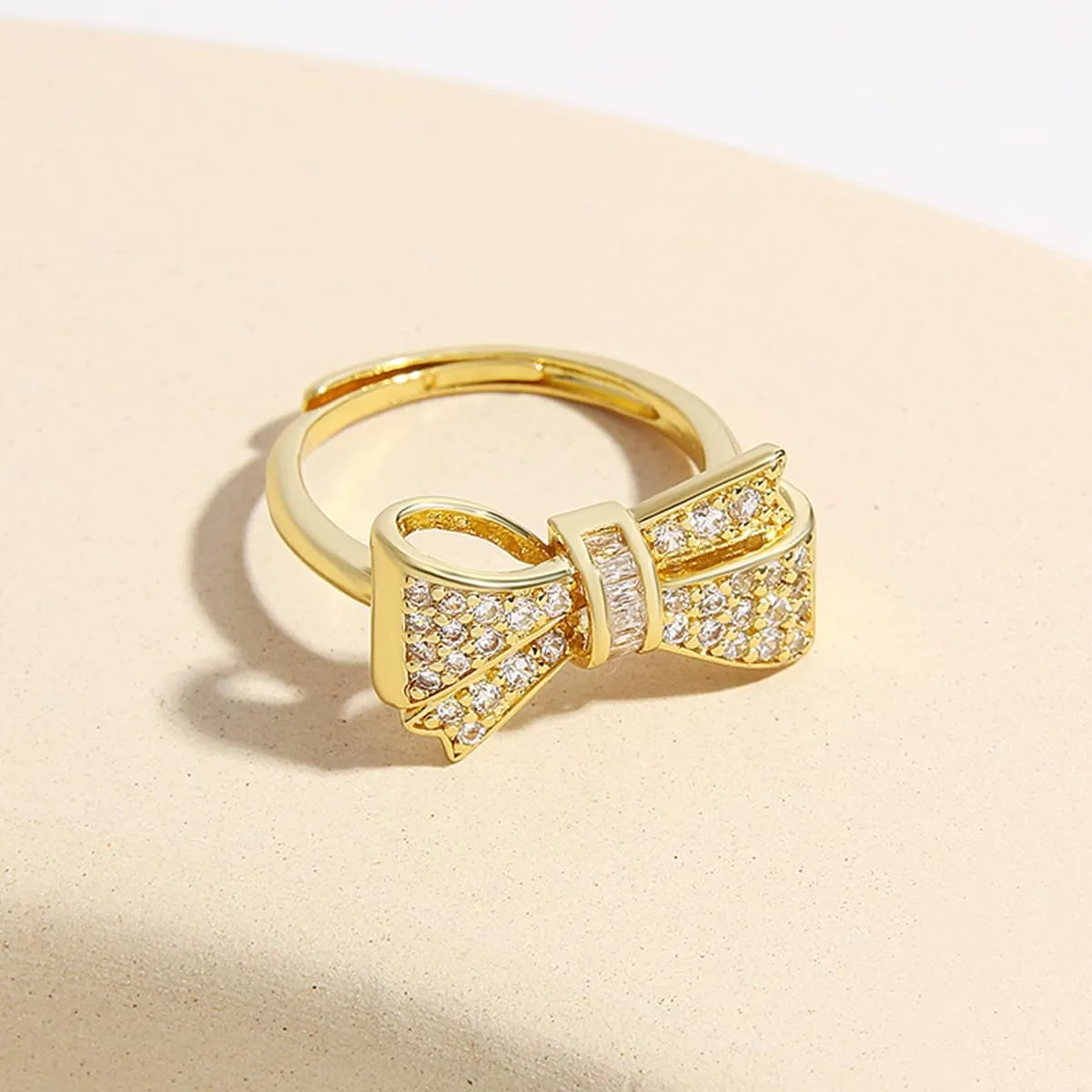 18K Gold Plated Bow Ring for Women Cubic Zirconia Bow Tie Adjustable Open Ring Statement Jewelry