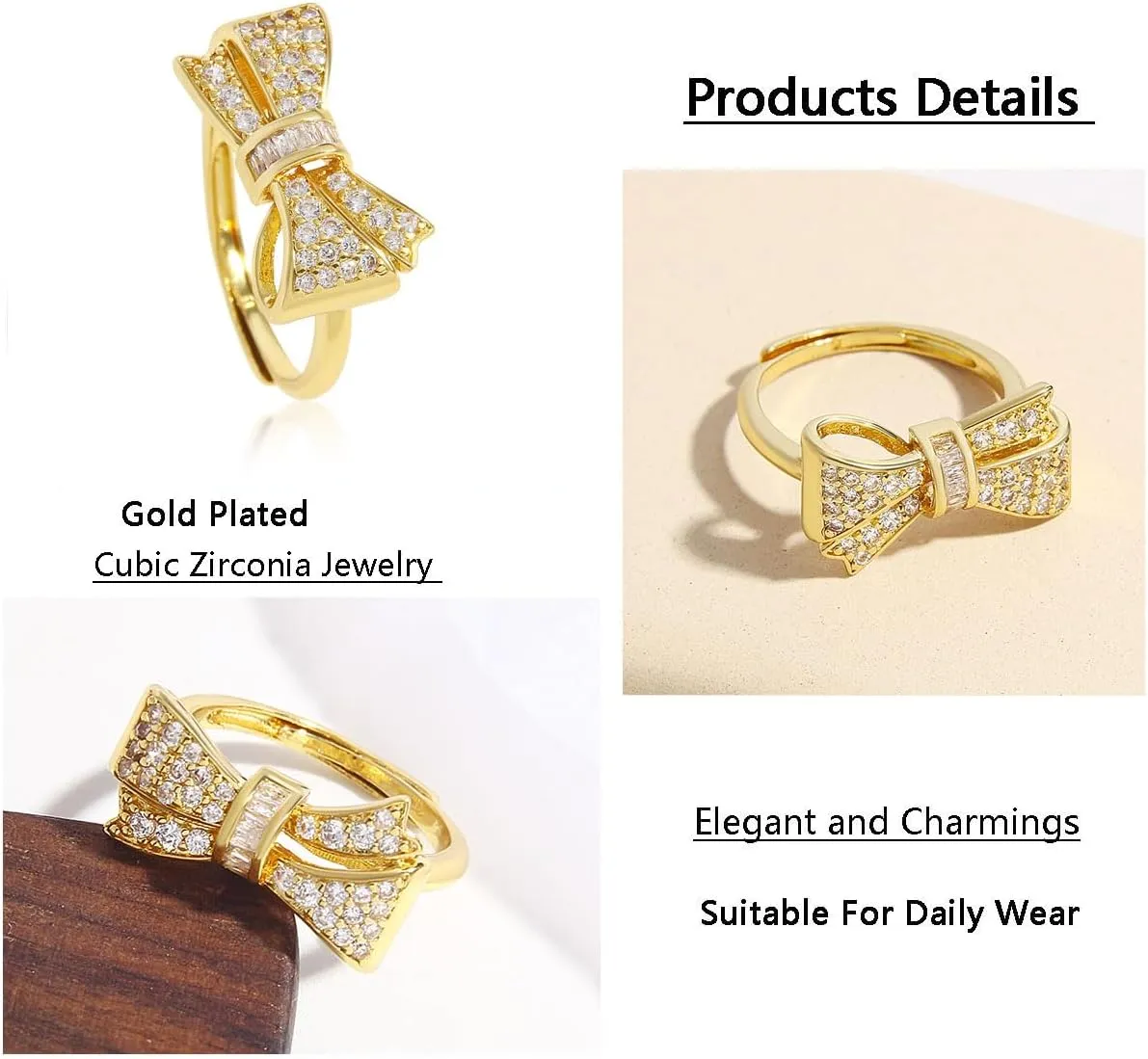 18K Gold Plated Bow Ring for Women Cubic Zirconia Bow Tie Adjustable Open Ring Statement Jewelry