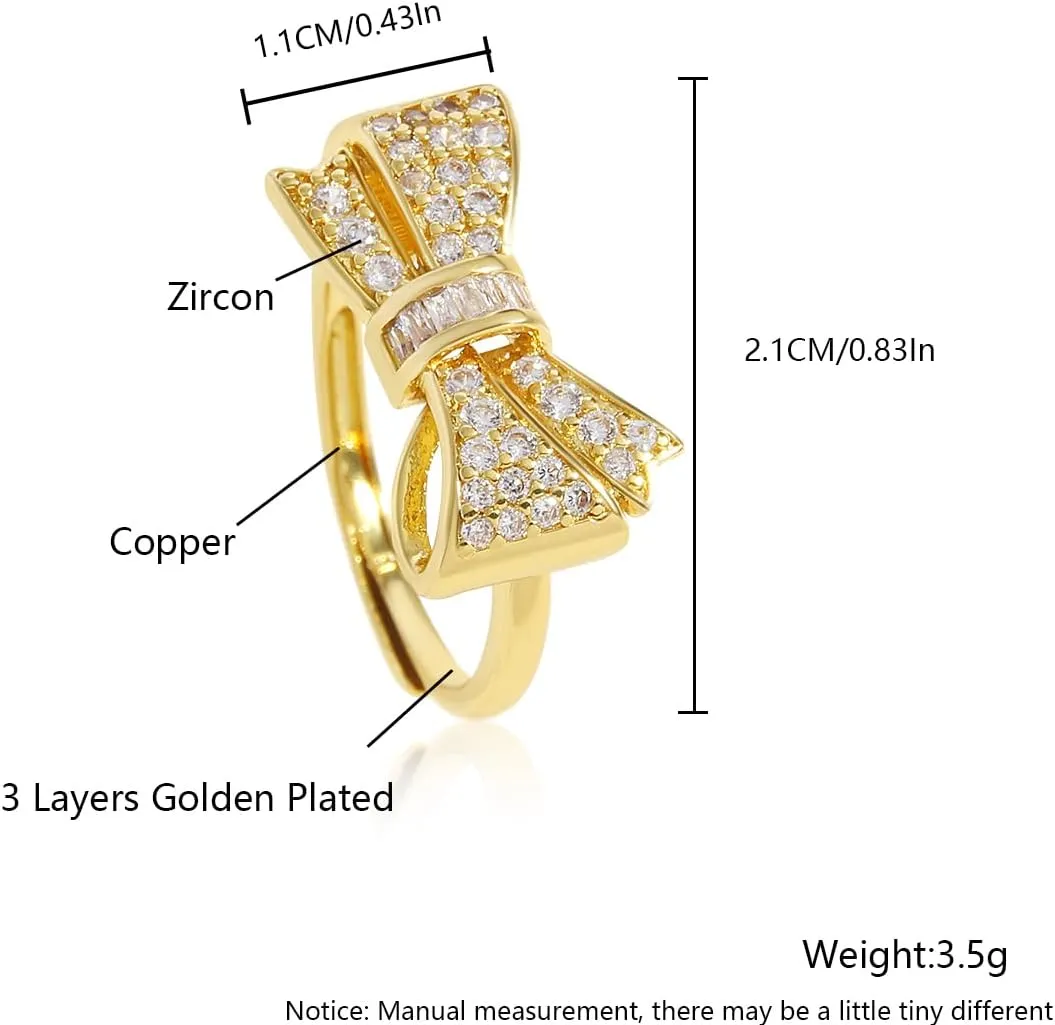 18K Gold Plated Bow Ring for Women Cubic Zirconia Bow Tie Adjustable Open Ring Statement Jewelry