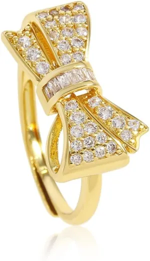 18K Gold Plated Bow Ring for Women Cubic Zirconia Bow Tie Adjustable Open Ring Statement Jewelry