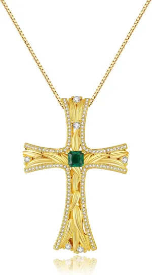 18K Gold Plated Cross Necklace for Women Men, Cubic Zirconia Cross Faith Pendant Necklace, Statement Vintage Gold Necklace for Men Women